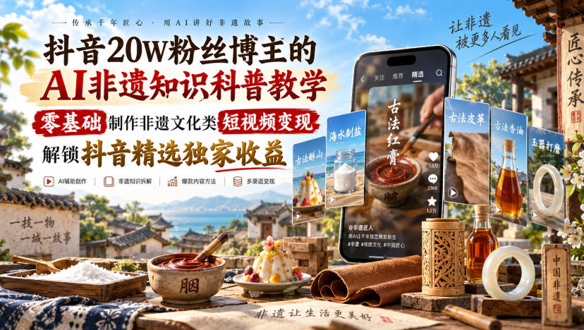 抖音20W粉丝博主的AI非遗知识科普教学，零基础制作非遗文化类短视频变现，解锁抖音精选独家收益-悟思笔记，一个低调的学习营。
