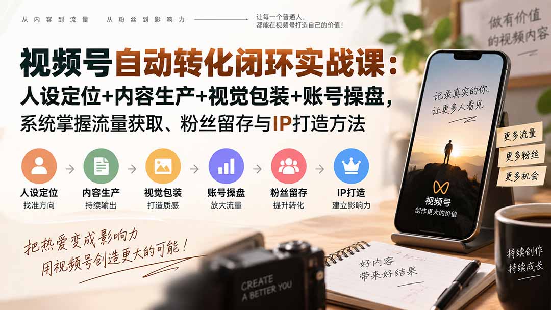 视频号自动转化闭环实战课：人设定位+内容生产+视觉包装+账号操盘，系统掌握流量获取、粉丝留存与IP打造方法-悟思笔记，一个低调的学习营。