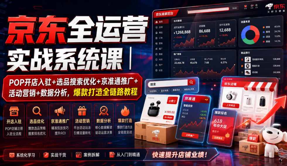 京东全运营实战系统课｜POP开店入驻+选品搜索优化+京准通推广+活动营销+数据分析，爆款打造全链路教程-悟思笔记，一个低调的学习营。