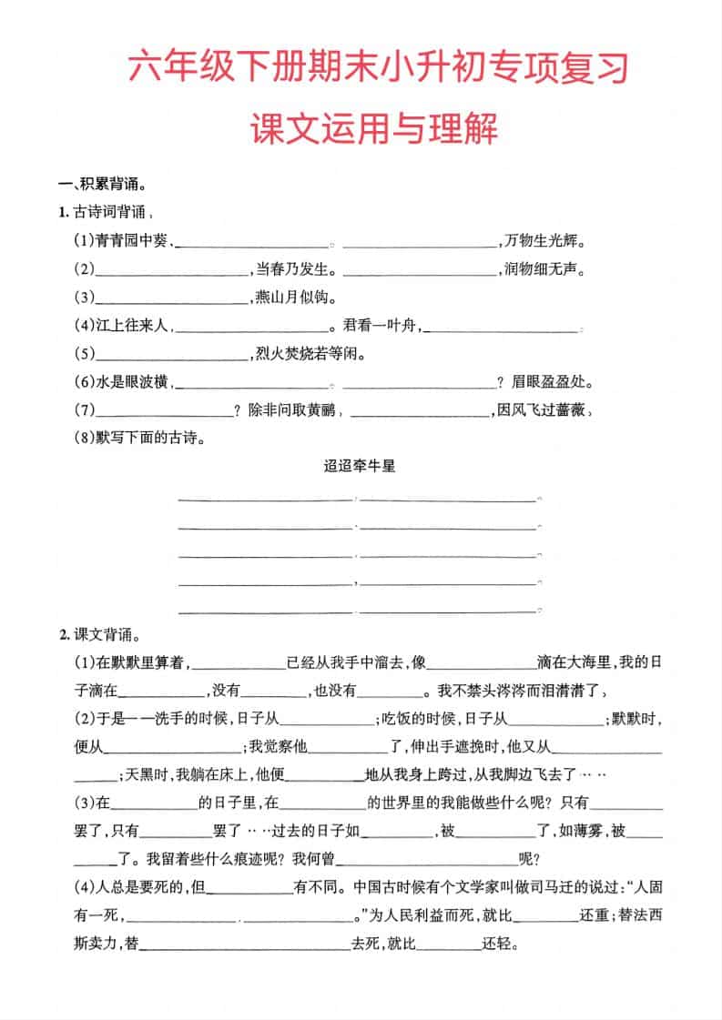 六年级下语文小升初课文运用与理解专项练习-悟思笔记，一个低调的学习营。