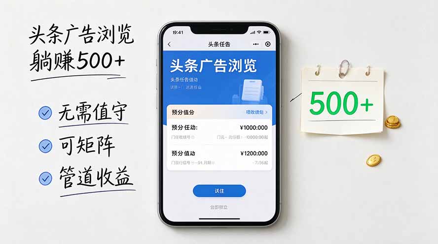头条广告浏览躺赚500+无需值守，可矩阵并附有管道收益-悟思笔记，一个低调的学习营。