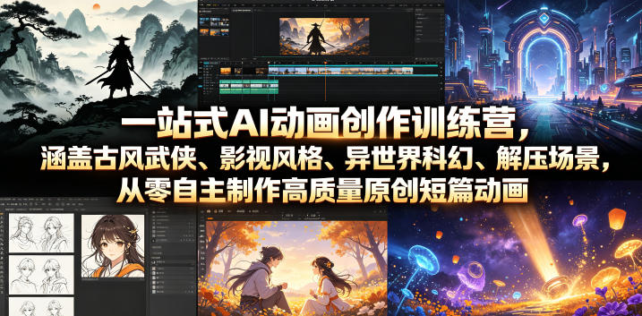 一站式AI动画创作训练营，涵盖古风武侠、影视风格、异世界科幻、解压场景，从零自主制作高质量原创短篇动画-悟思笔记，一个低调的学习营。