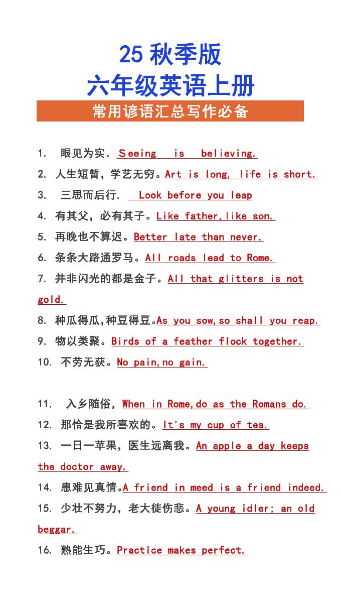 【2025秋新版】六年级上册英语常用谚语汇总写作必备-悟思笔记，一个低调的学习营。