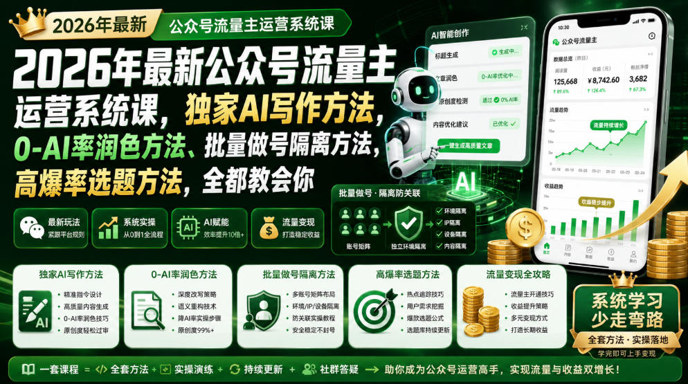 2026年最新公众号流量主运营系统课，独家AI写作方法，0-AI率润色方法、批量做号隔离方法、高爆率选题方法，全都教会你-悟思笔记，一个低调的学习营。