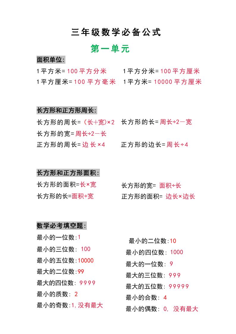 三年级数学上册必背公式-悟思笔记，一个低调的学习营。