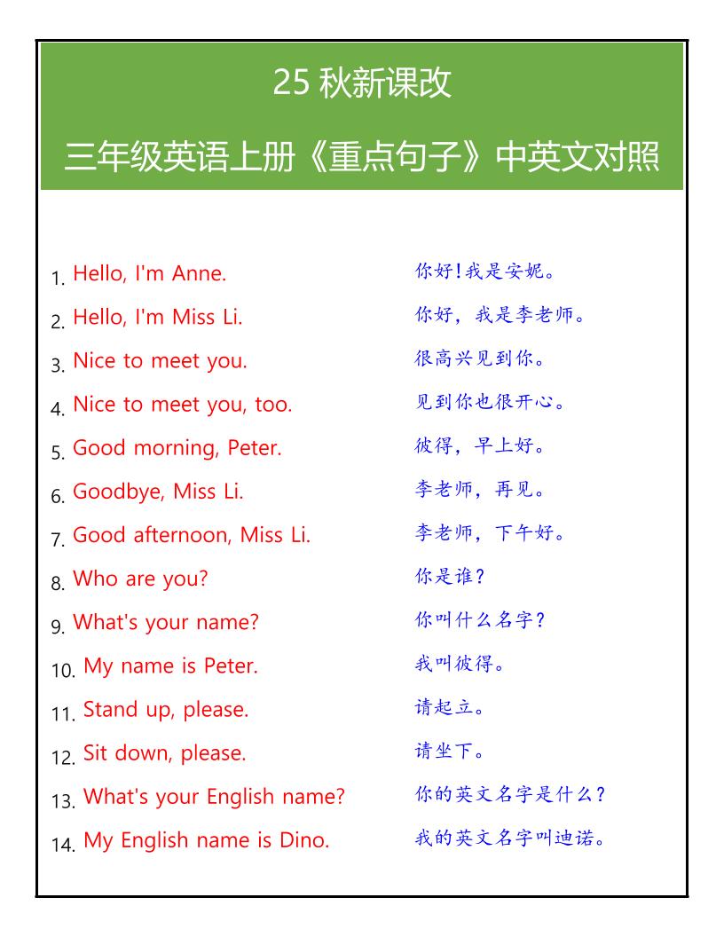 【2025秋新版】三年级英语上册《重点句子》中英文对照-悟思笔记，一个低调的学习营。