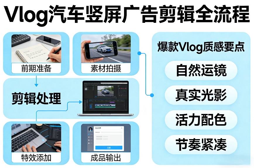 Vlog感觉汽车竖屏广告剪辑脚本全流程，拿捏爆款Vlog质感-悟思笔记，一个低调的学习营。