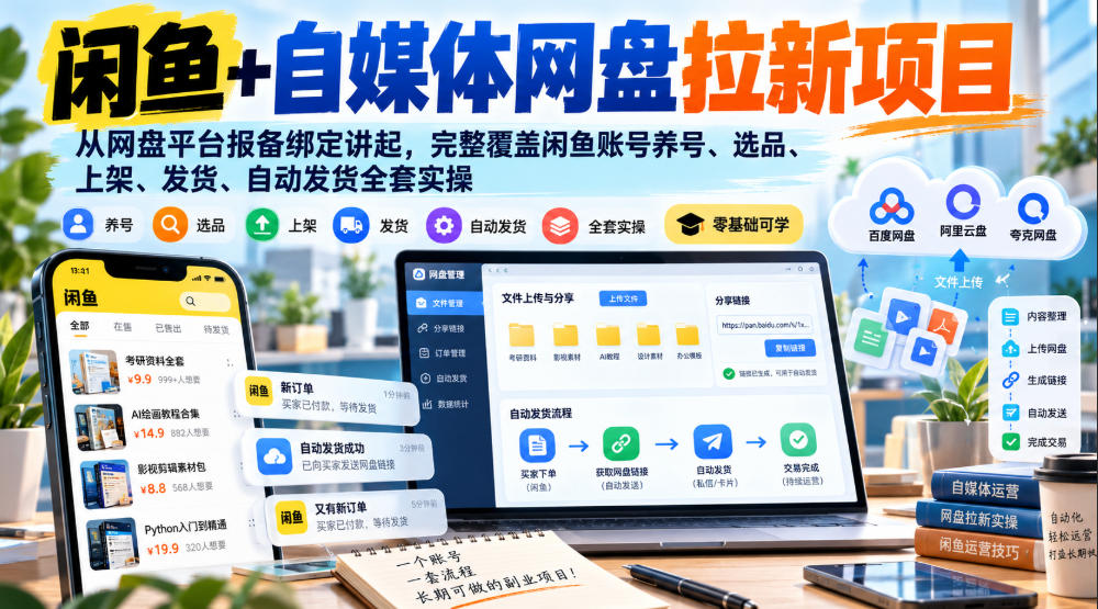 闲鱼+自媒体网盘拉新项目，从网盘平台报备绑定讲起，完整覆盖闲鱼账号养号、选品、上架、发货、自动发货全套实操-悟思笔记，一个低调的学习营。