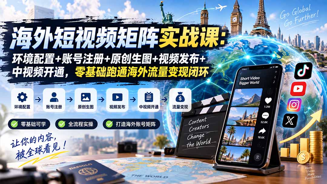 海外短视频矩阵实战课：环境配置+账号注册+原创生图+视频发布+中视频开通，零基础跑通海外流量变现闭环-悟思笔记，一个低调的学习营。
