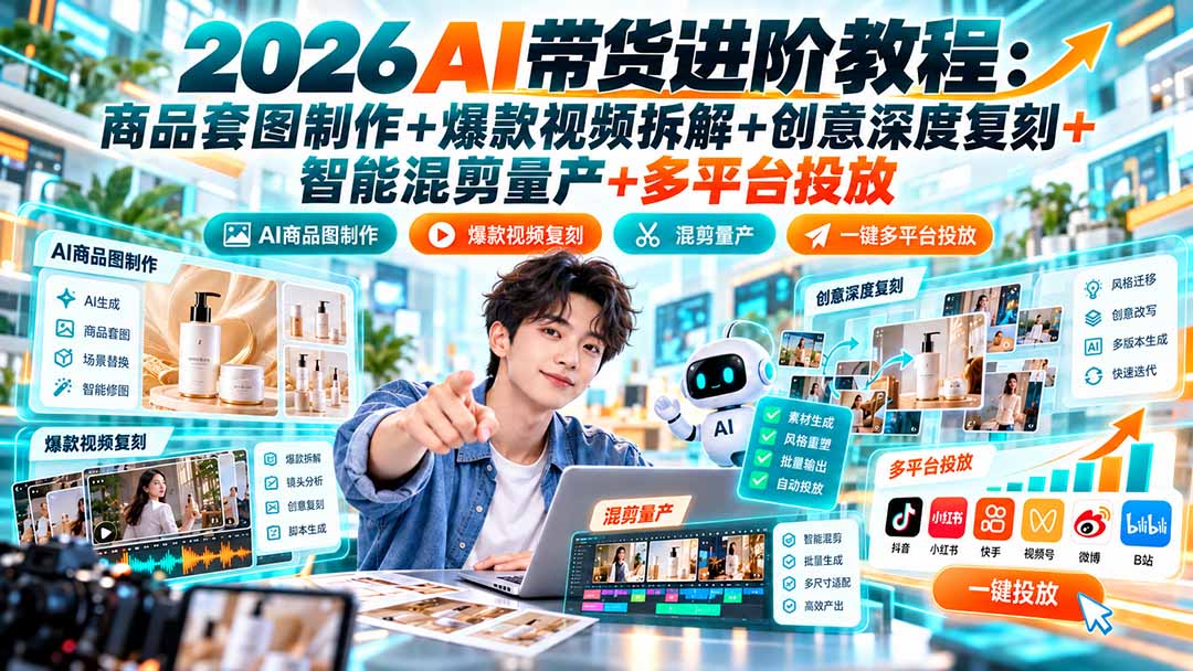 2026AI带货进阶教程：商品套图制作+爆款视频拆解+创意深度复刻+智能混剪量产+多平台投放-悟思笔记，一个低调的学习营。