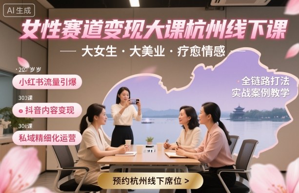 女性赛道变现大课杭州线下，大女生，大美业，疗愈情感，一套小红书、抖音、私域全链路打法-悟思笔记，一个低调的学习营。