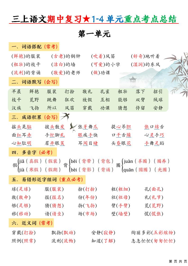 三上语文期中高频考点-悟思笔记，一个低调的学习营。