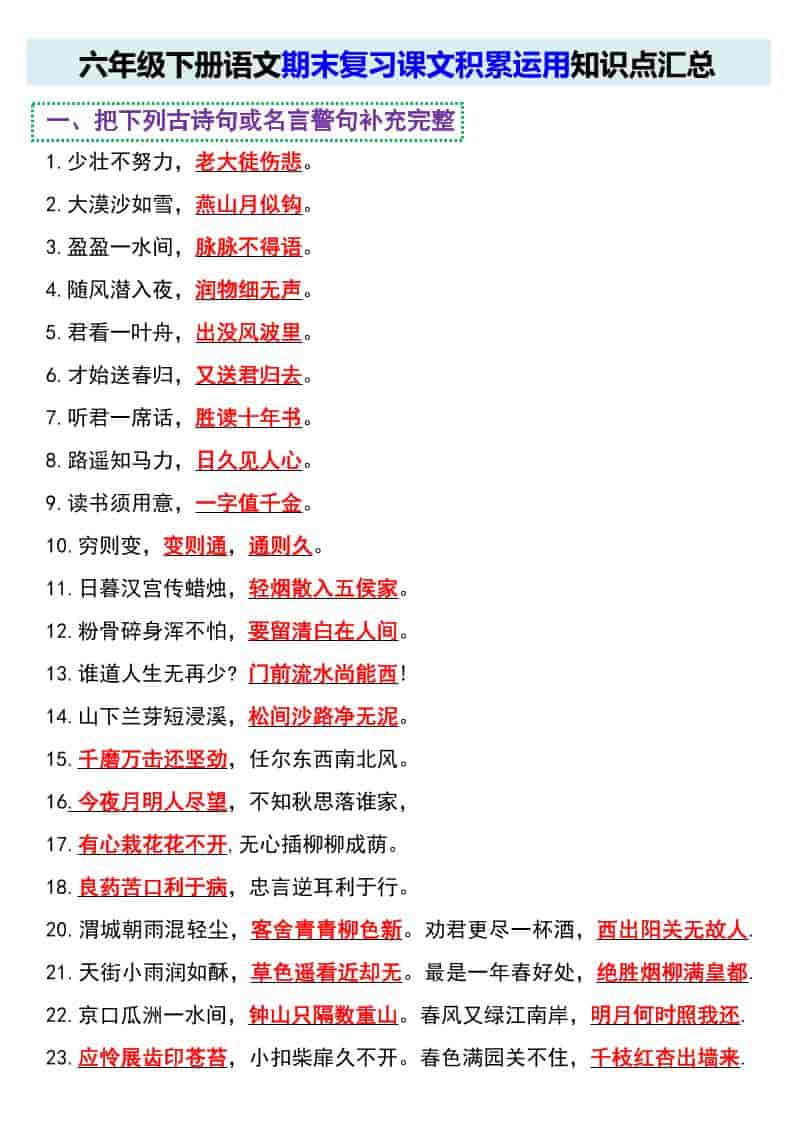 六年级下语文期末复习课文积累运用知识点汇总-悟思笔记，一个低调的学习营。