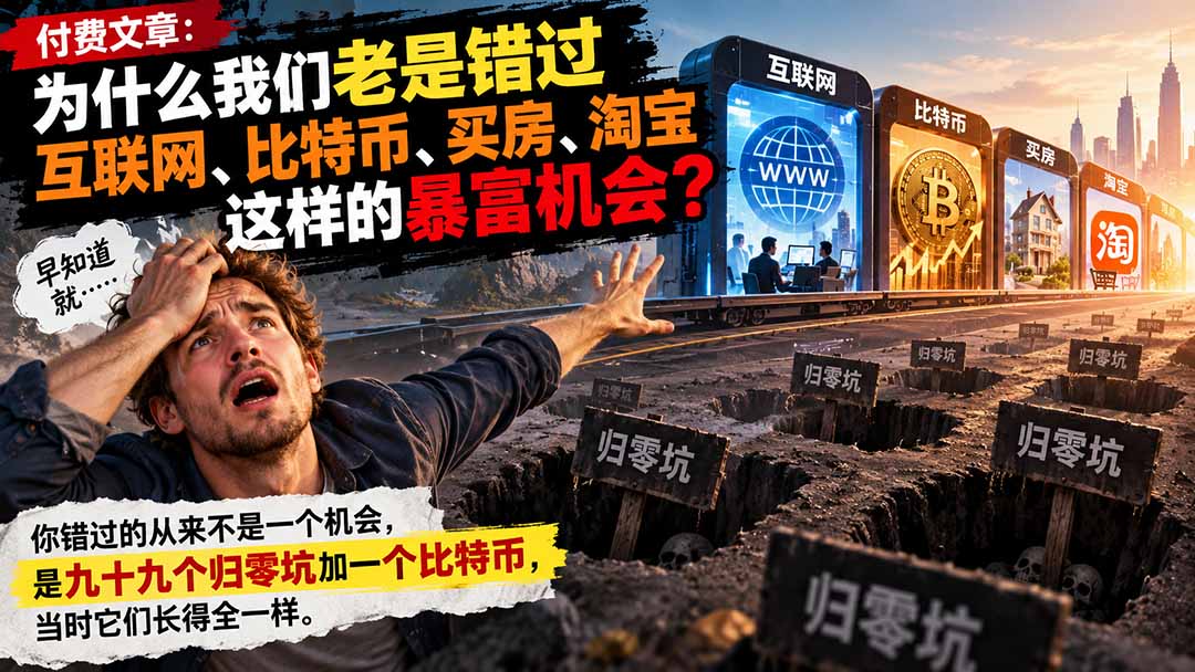 付费文章：为什么我们老是错过互联网、比特币、买 房、淘宝这样的暴富机会？-悟思笔记，一个低调的学习营。