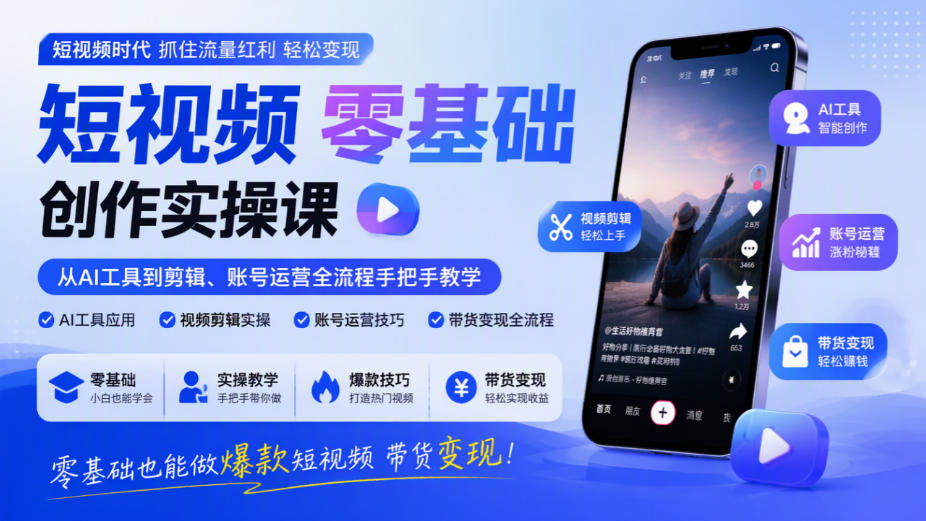短视频零基础创作实操课，从AI工具到剪辑、账号运营全流程手把手教学，零基础也能做爆款短视频带货变现-悟思笔记，一个低调的学习营。