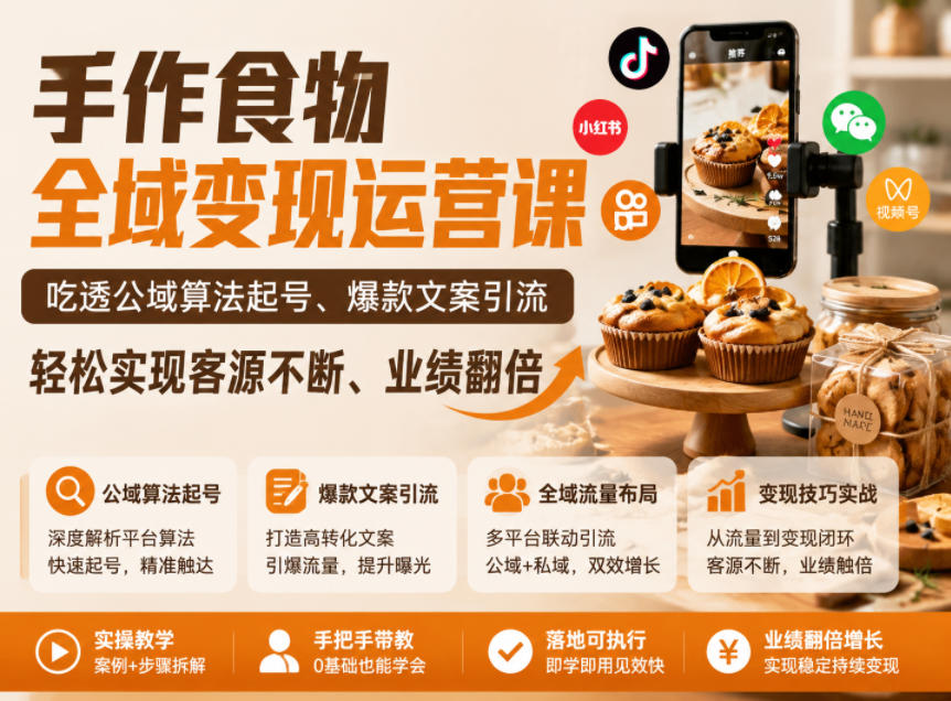 手作食物全域变现运营课，吃透公域算法起号、爆款文案引流，轻松实现客源不断、业绩翻倍-悟思笔记，一个低调的学习营。