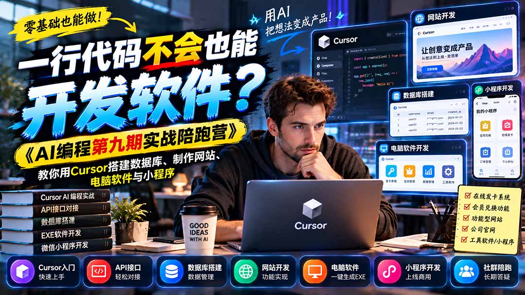 一行代码不会也能开发软件？《AI编程第九期实战陪跑营》教你用Cursor搭建数据库、制作网站、电脑软件与小程序-悟思笔记，一个低调的学习营。