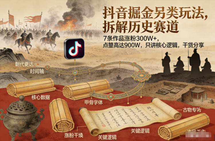 抖音掘金另类玩法，拆解历史赛道，7条作品涨粉300W+，点赞量高达900W，只讲核心逻辑，干货分享-悟思笔记，一个低调的学习营。