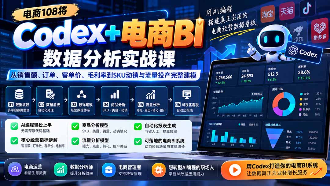 Codex+电商BI数据分析实战课-更新1026：从销售额、订单、客单价、毛利率到SKU动销与流量投产完整建模-悟思笔记，一个低调的学习营。