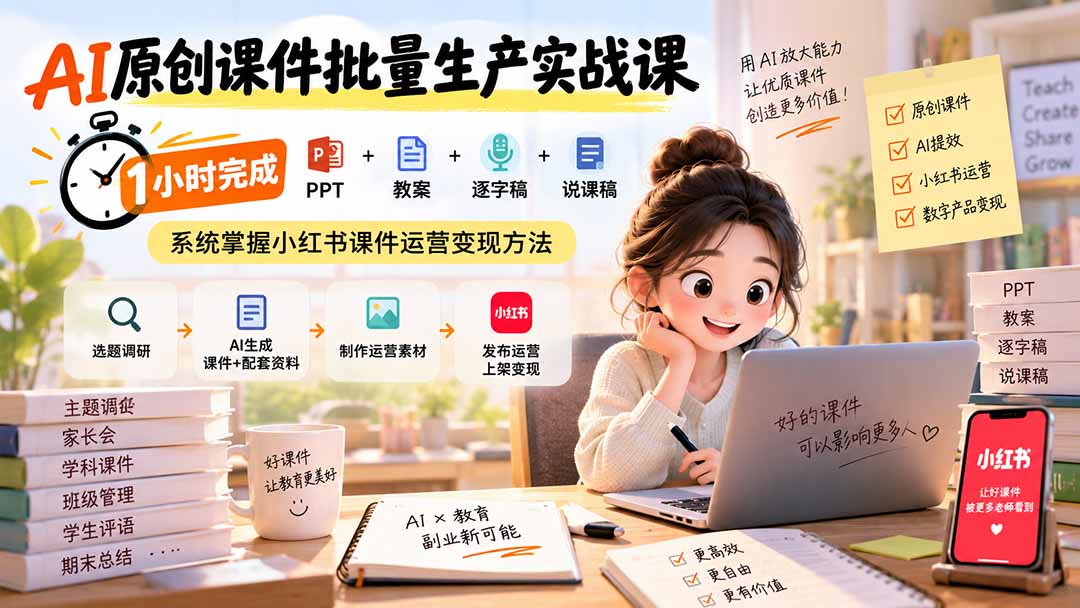AI原创课件批量生产实战课：1小时完成PPT+教案+逐字稿+说课稿，系统掌握小红书课件运营变现方法-悟思笔记，一个低调的学习营。