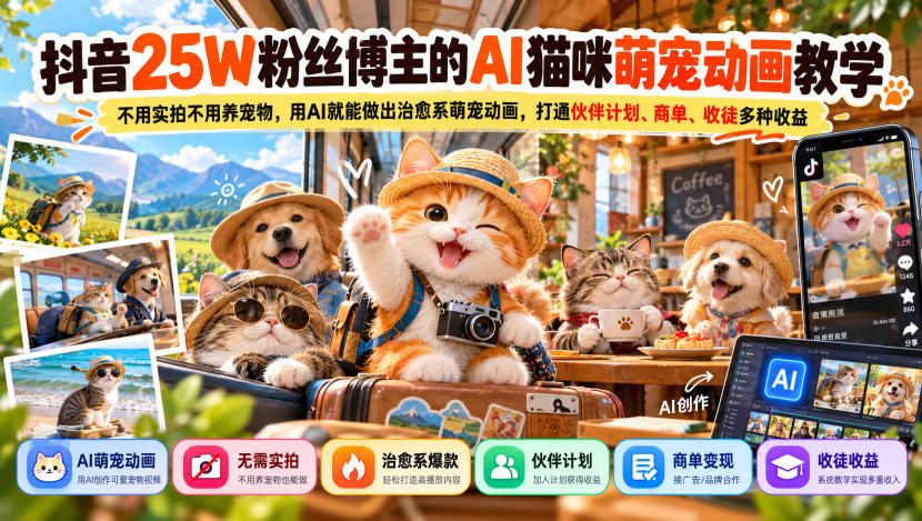 抖音25W粉丝博主的AI猫咪萌宠动画教学，不用实拍不用养宠物，用AI就能做出治愈系萌宠动画，打通伙伴计划、商单、收徒多种收益-悟思笔记，一个低调的学习营。