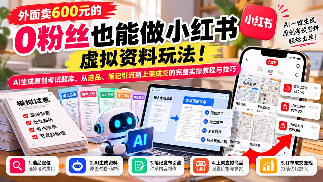 外面卖600元的 零粉丝也能做小红书虚拟资料玩法！AI生成原创考试题库，从选品、笔记引流到上架成交的完整实操教程-悟思笔记，一个低调的学习营。