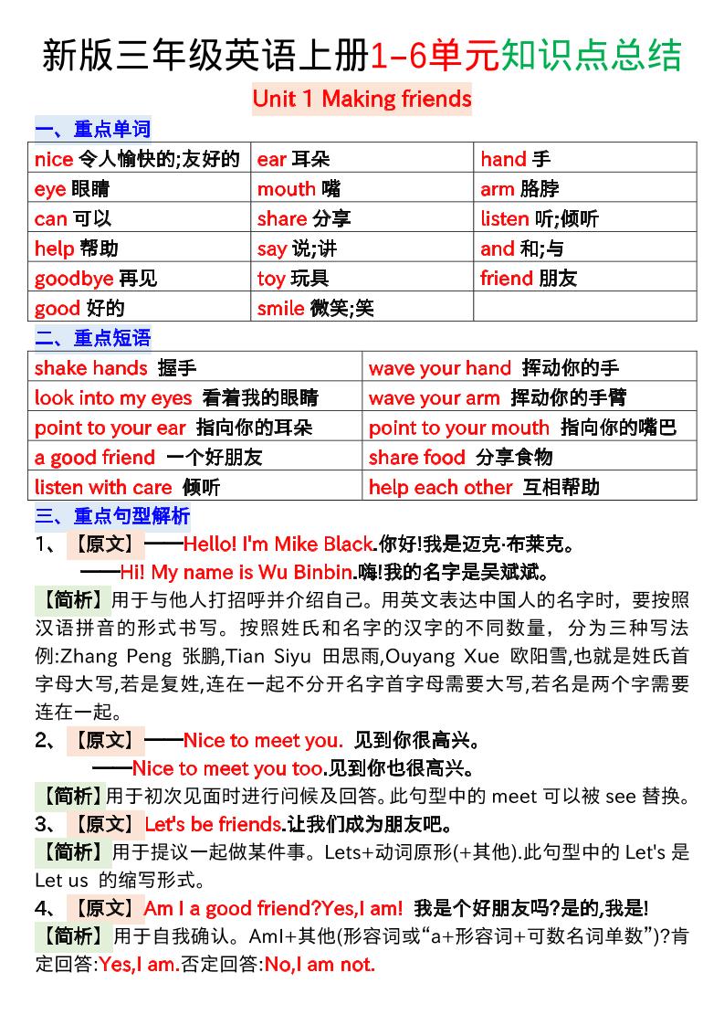 新版三年级英语上册1-6单元知识点总结-悟思笔记，一个低调的学习营。