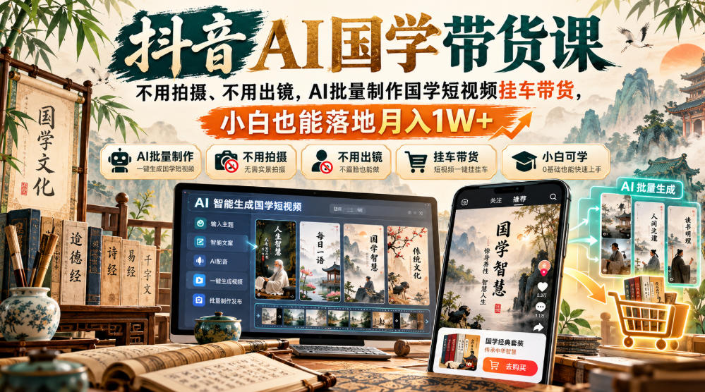 抖音AI国学带货课，不用拍摄、不用出镜，AI批量制作国学短视频挂车带货，小白也能落地月入1W+-悟思笔记，一个低调的学习营。