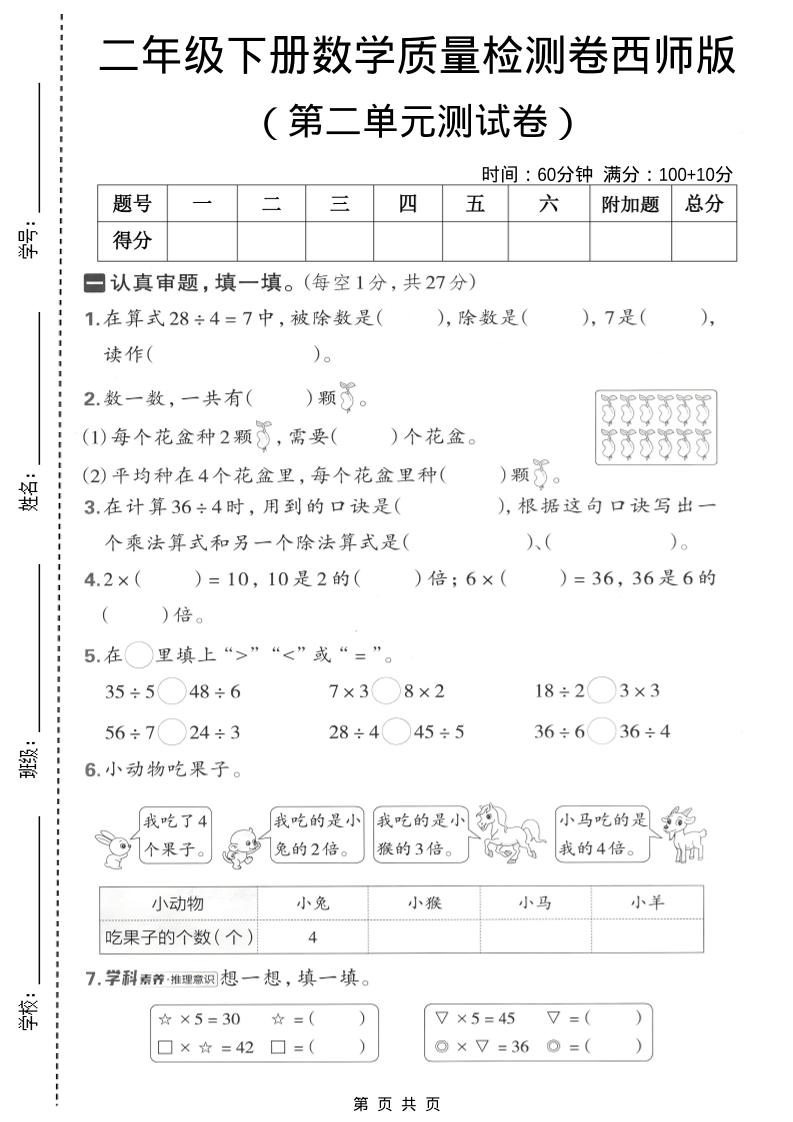 二年级下数学第二单元质量检测卷《西师版》-悟思笔记，一个低调的学习营。