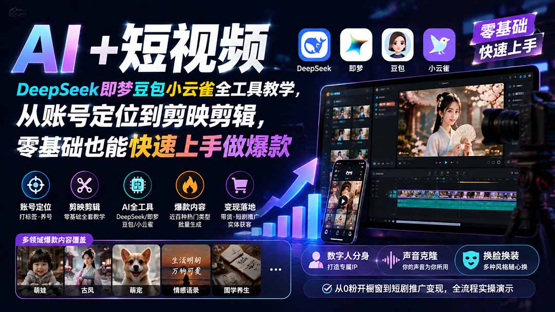 AI+短视频｜DeepSeek即梦豆包小云雀全工具教学，从账号定位到剪映剪辑，零基础也能快速上手做爆款-悟思笔记，一个低调的学习营。