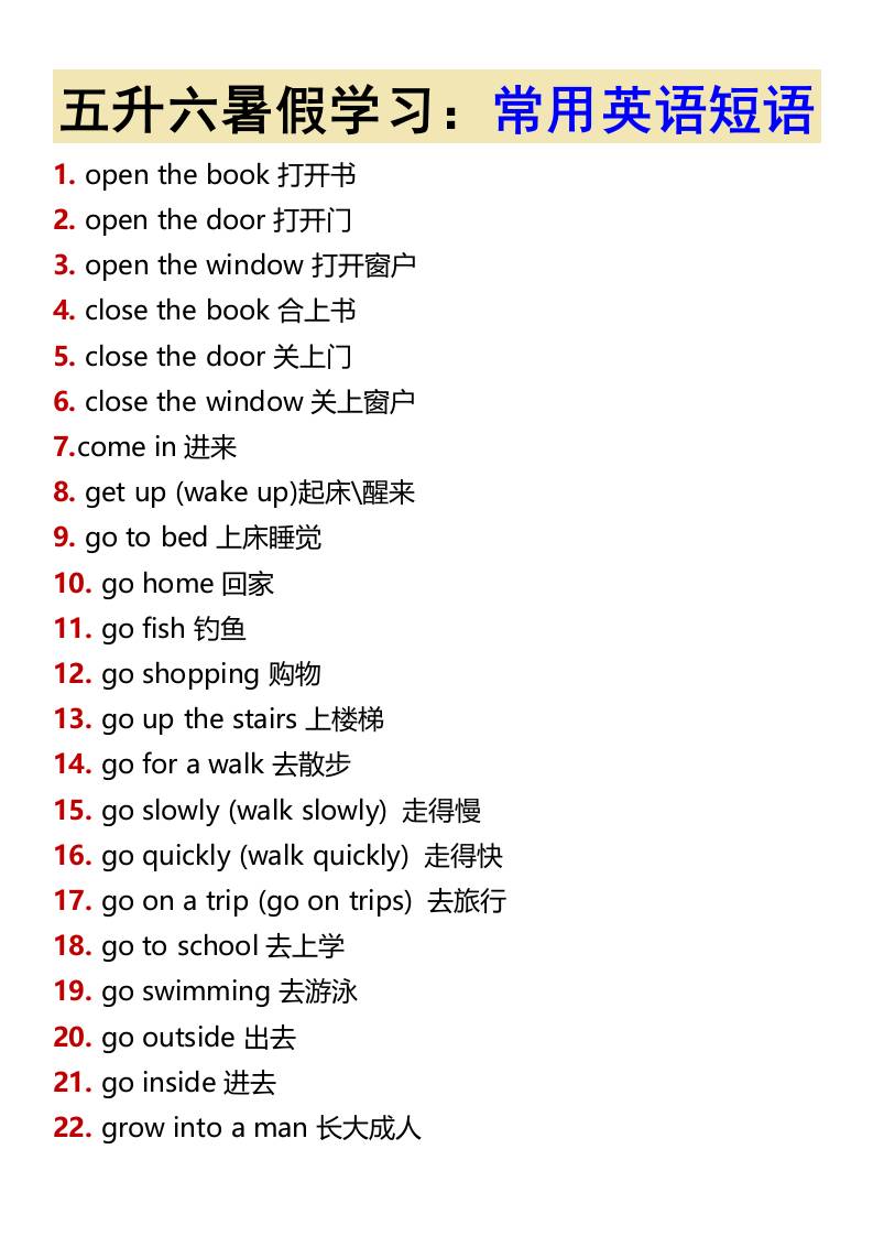 五升六暑假学习：常用英语短语-六上英语-悟思笔记，一个低调的学习营。