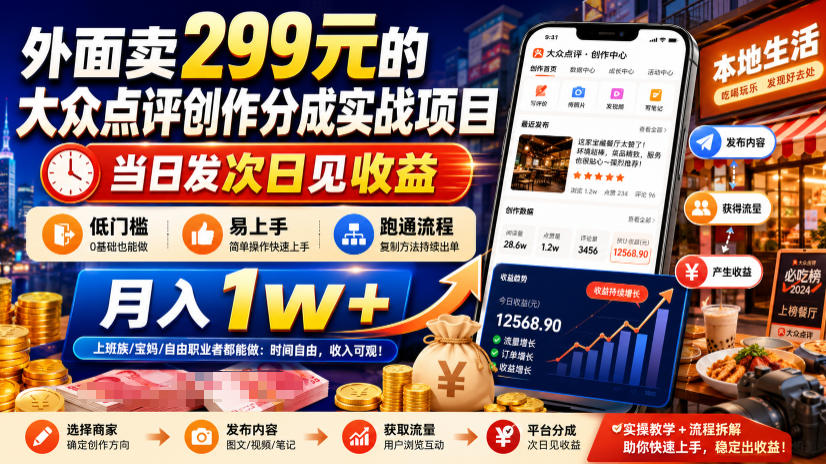 外面卖299元的大众点评创作分成实战项目，当日发次日见收益，低门槛易上手，跑通流程月入1w+-悟思笔记，一个低调的学习营。