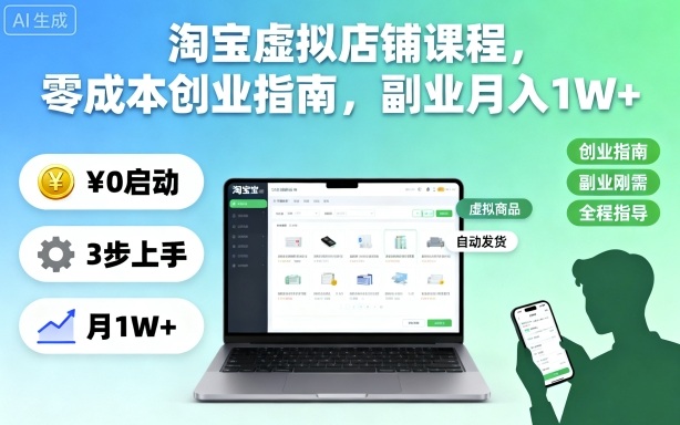 淘宝虚拟店铺课程，零成本创业指南，副业月入1W+-悟思笔记，一个低调的学习营。