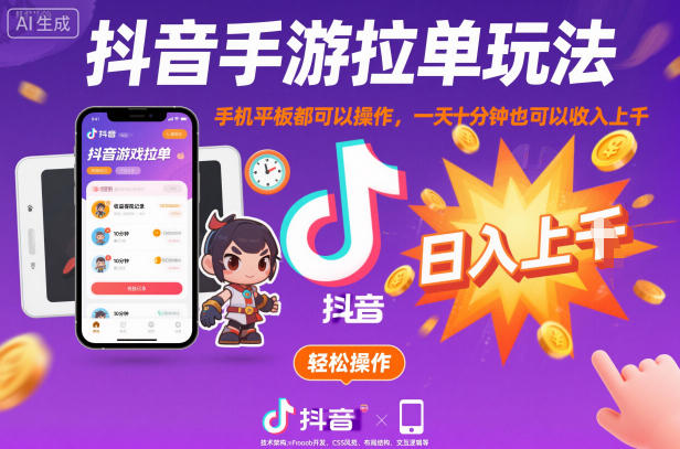 抖音手游拉单玩法，手机平板都可以操作，一天十分钟也可以收入上K【揭秘】-悟思笔记，一个低调的学习营。