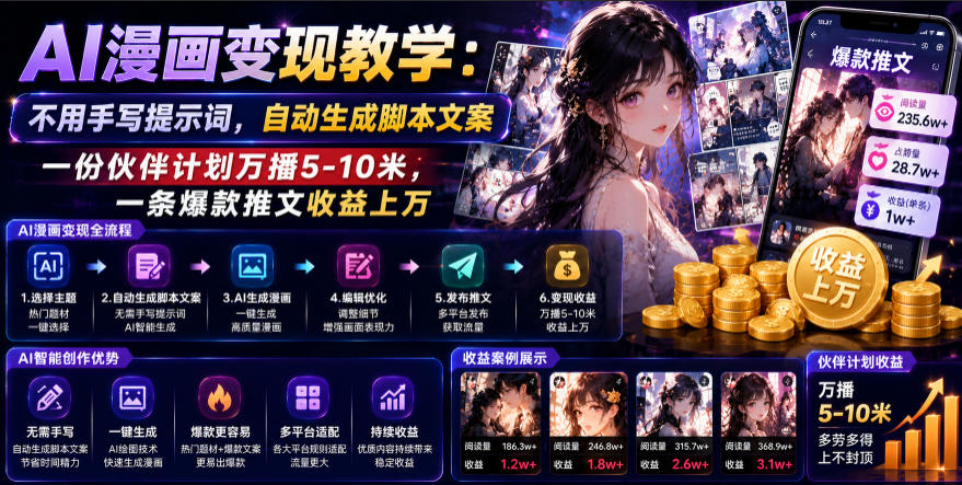 AI漫画变现教学：不用手写提示词，自动生成脚本文案，一份伙伴计划万播5-10米，一条爆款推文收益上W-悟思笔记，一个低调的学习营。