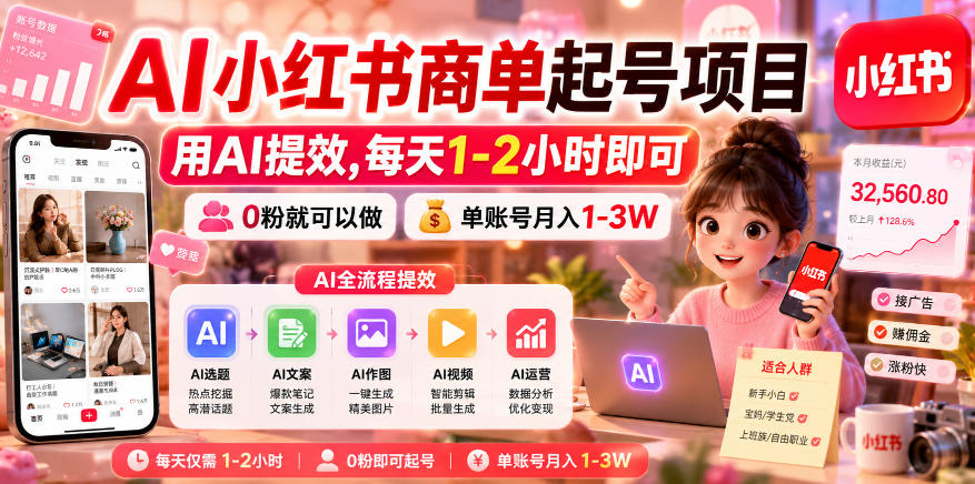 AI小红书商单起号项目，用AI提效,每天1-2小时即可，0粉就可以做，单账号月入1-3W-悟思笔记，一个低调的学习营。