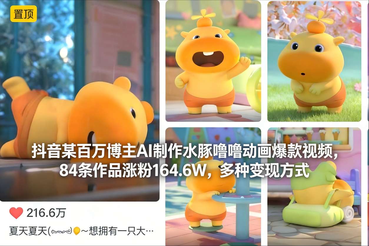 抖音某百万博主AI制作水豚噜噜动画爆款视频，84条作品涨粉164.6W，多种变现方式-悟思笔记，一个低调的学习营。