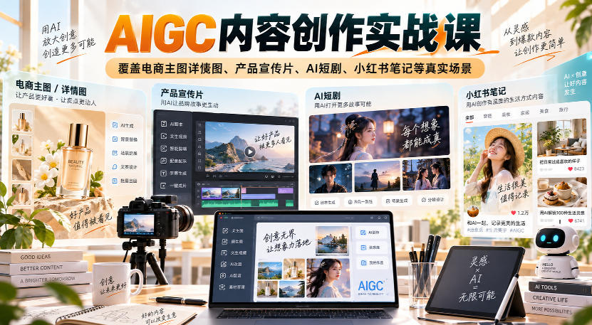 AIGC内容创作实战课，覆盖电商主图详情图、产品宣传片、AI短剧、小红书笔记等真实场景-悟思笔记，一个低调的学习营。