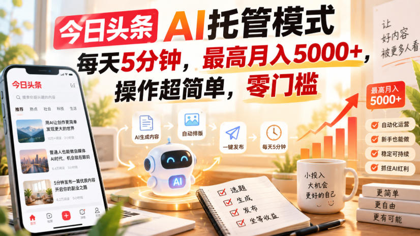 今日头条AI托管模式，每天5分钟，最高月入5000+，操作超简单，零门槛【揭秘】-悟思笔记，一个低调的学习营。