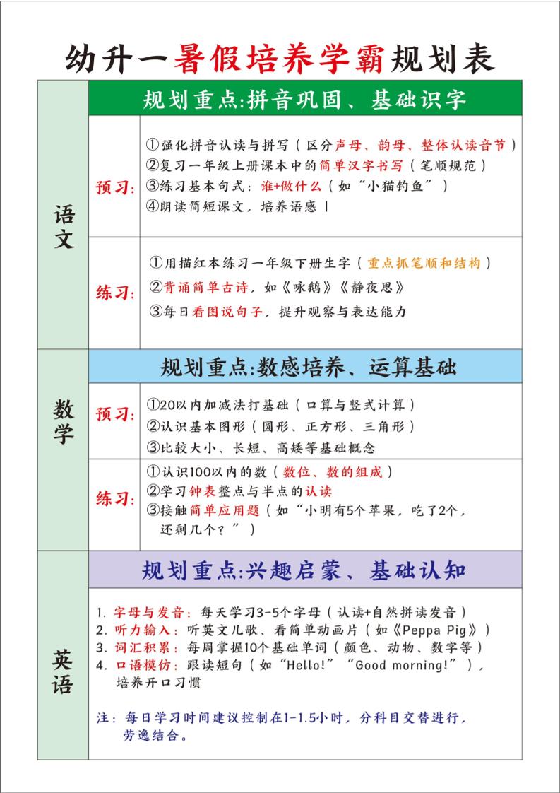 幼升一暑假培养学霸规划表-一上语文-悟思笔记，一个低调的学习营。