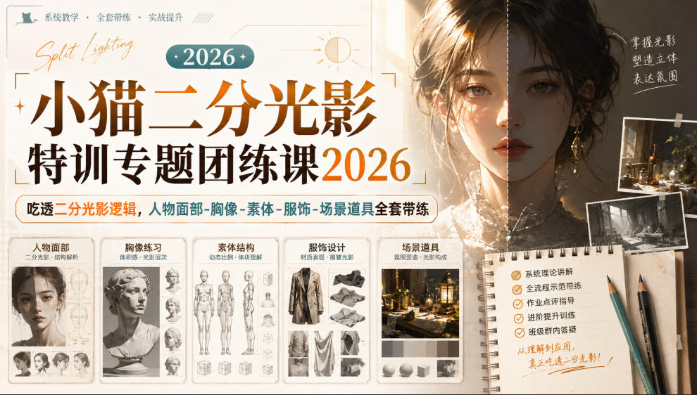 小猫二分光影特训专题团练课2026｜吃透二分光影逻辑，人物面部‑胸像‑素体‑服饰‑场景道具全套带练，高清画质附赠课件与笔刷-悟思笔记，一个低调的学习营。
