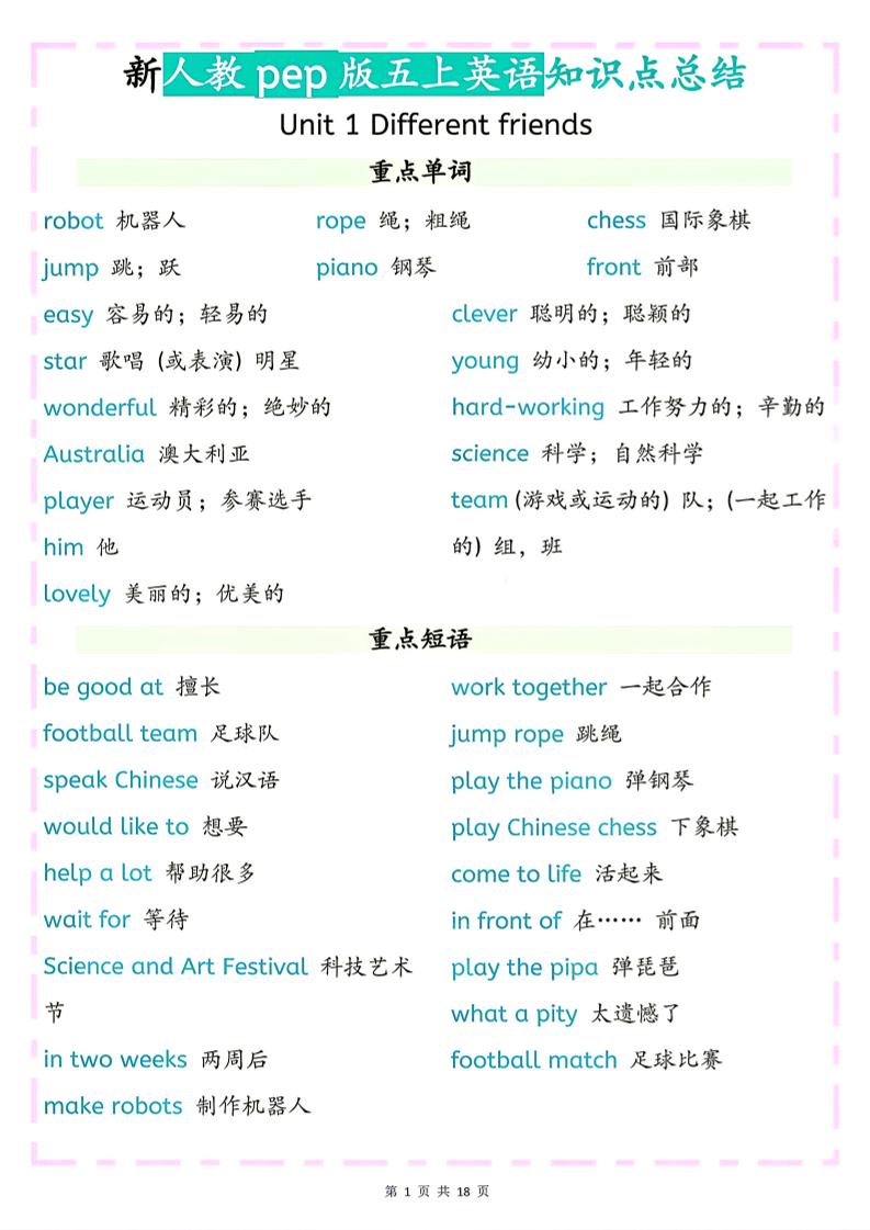 26秋新人教pep版五上英语知识点总结-悟思笔记，一个低调的学习营。