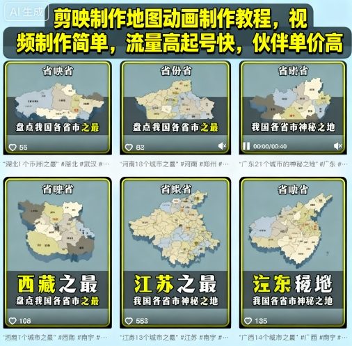 剪映制作地图动画制作教程，视频制作简单，流量高起号快，伙伴单价高-悟思笔记，一个低调的学习营。