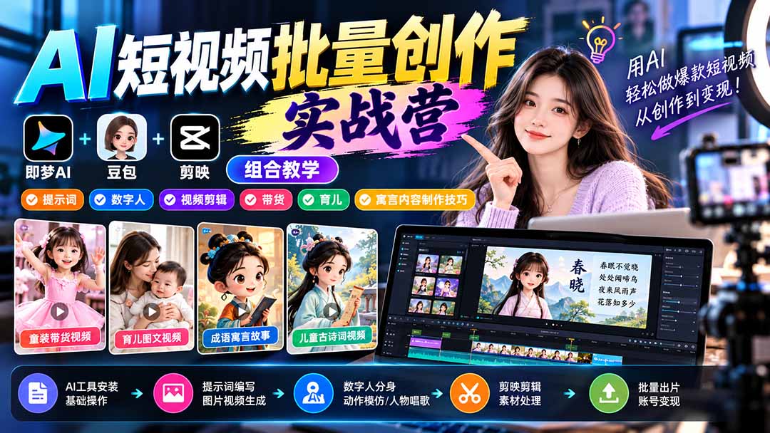 【无水印】AI短视频批量创作实战营：即梦+豆包+剪映组合教学，提示词/数字人/视频剪辑/带货/育儿/寓言内容制作技巧-悟思笔记，一个低调的学习营。