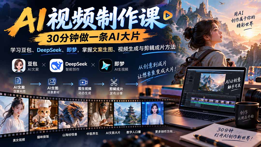 AI视频制作课-30分钟做一条AI大片：学习豆包、DeepSeek、即梦，掌握文案生图、视频生成与剪辑成片方法-悟思笔记，一个低调的学习营。