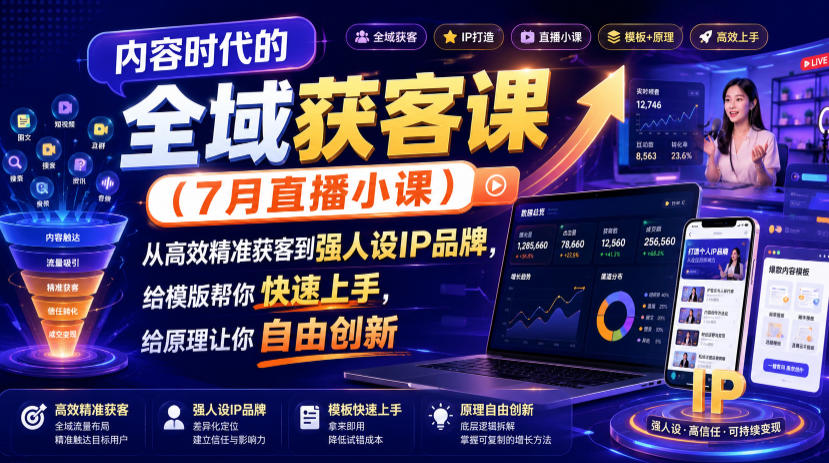 内容时代的全域获客课(7月直播小课)，从高效精准获客到强人设IP品牌，给模版帮你快速上手，给原理让你自由创新-悟思笔记，一个低调的学习营。