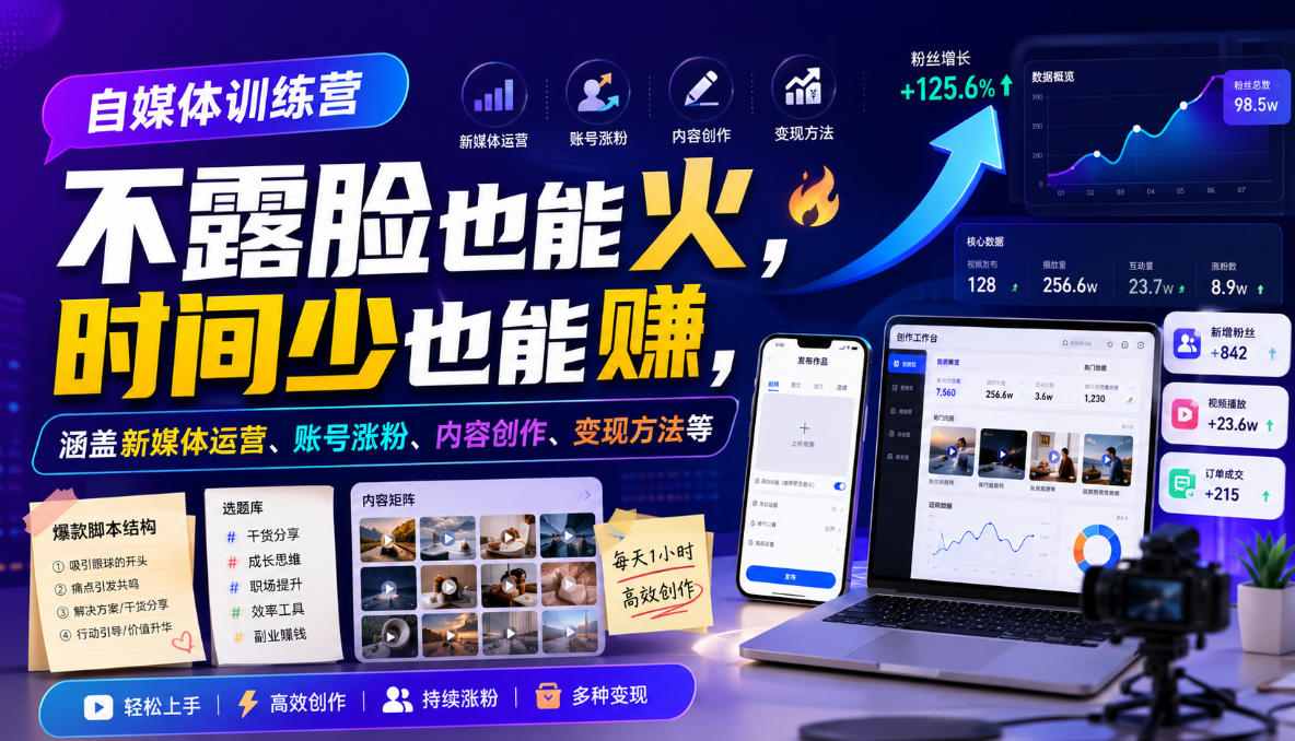 自媒体训练营，不露脸也能火，时间少也能賺，涵盖新媒体运营、账号涨粉、内容创作、变现方法等-悟思笔记，一个低调的学习营。