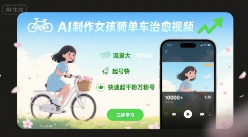 AI制作女孩骑单车治愈视频，流量大，起号快，快速起千粉万粉号-悟思笔记，一个低调的学习营。
