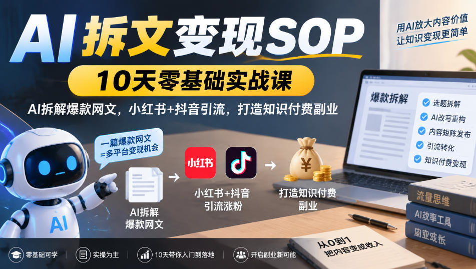 AI拆文变现SOP｜10天零基础实战课，AI拆解爆款网文，小红书+抖音引流，打造知识付费副业-悟思笔记，一个低调的学习营。