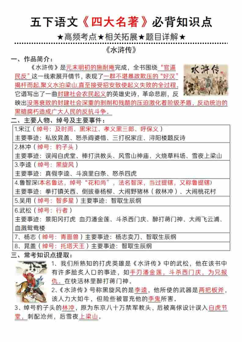 五年级下语文《四大名著》必背知识点-悟思笔记，一个低调的学习营。